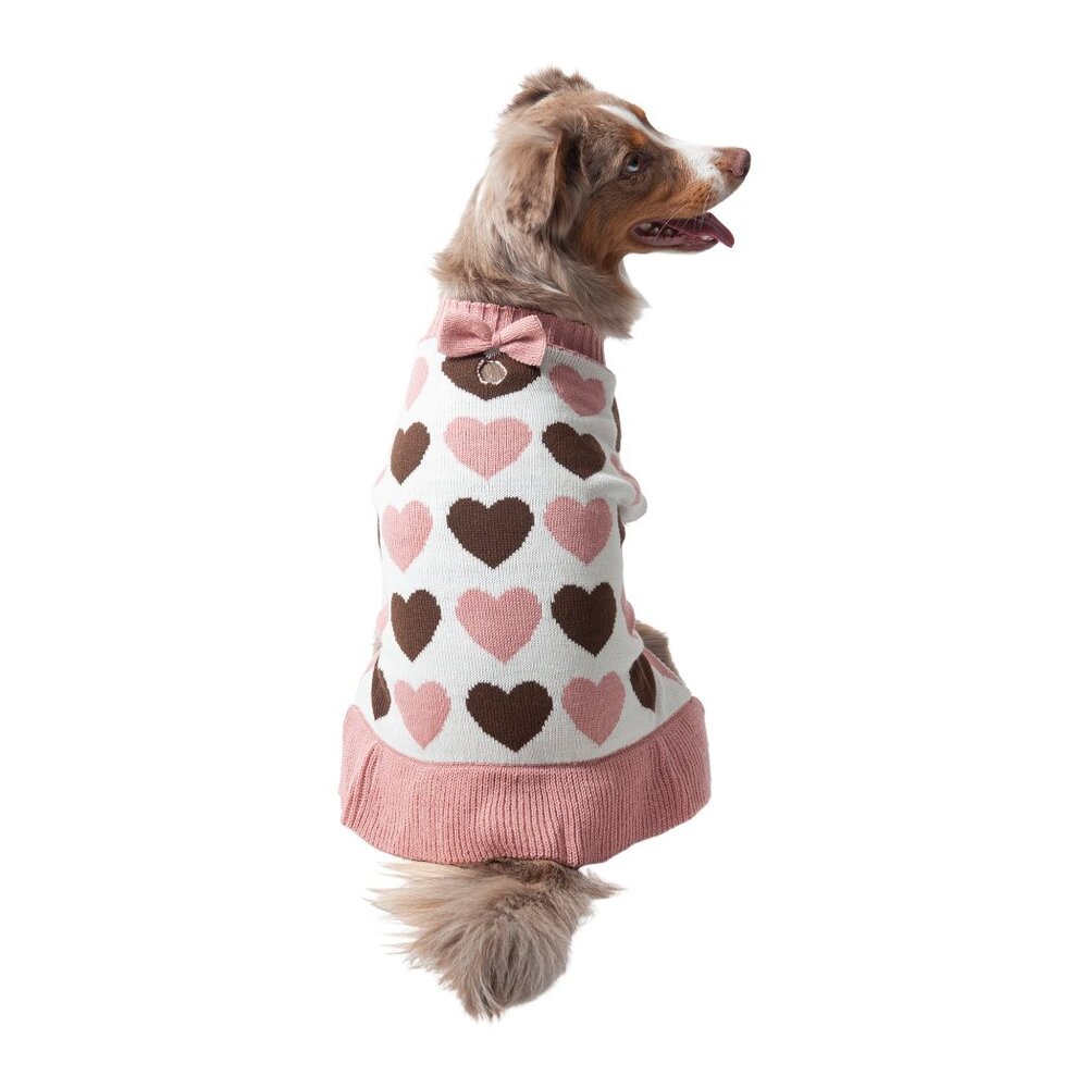 Vibrant Life Dog Sweater L Hearts Ruffle Pink Brown Hearts Bow